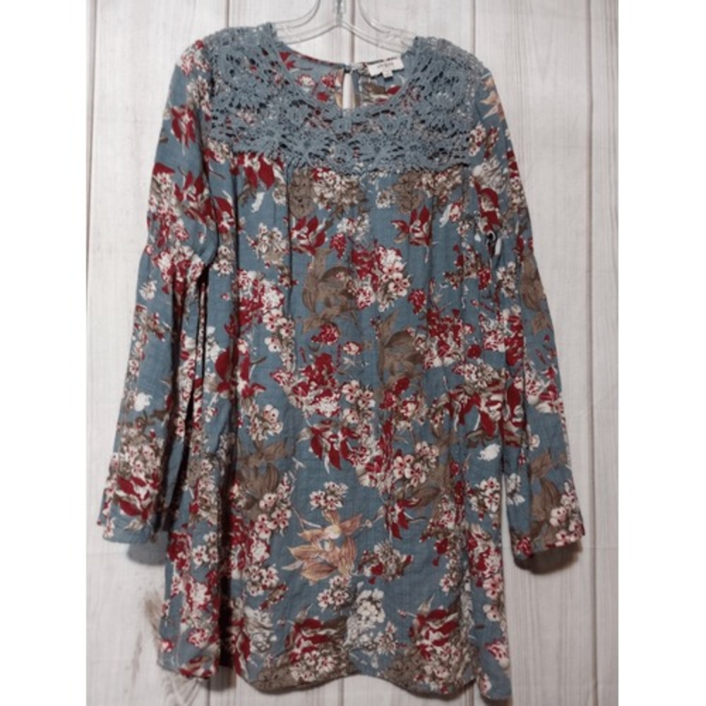 Umgee Womens Blue Red Floral Crochet Lace Neck Bell Sleeve Mini Dress Tunic S